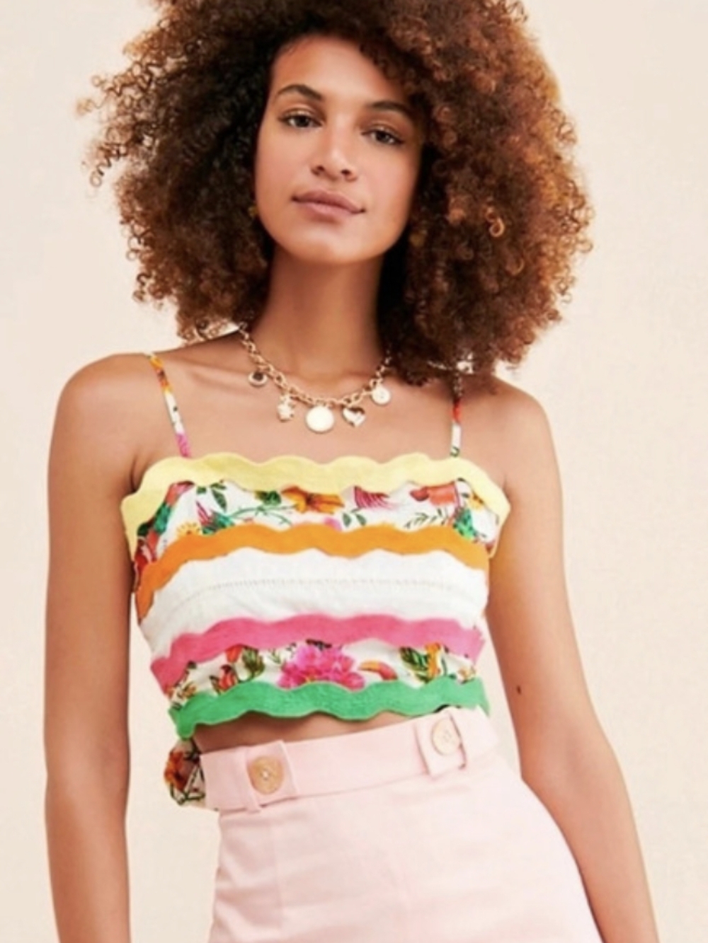 Farm Rio Floral Tucan Garden Crop Top in Pink Size Small